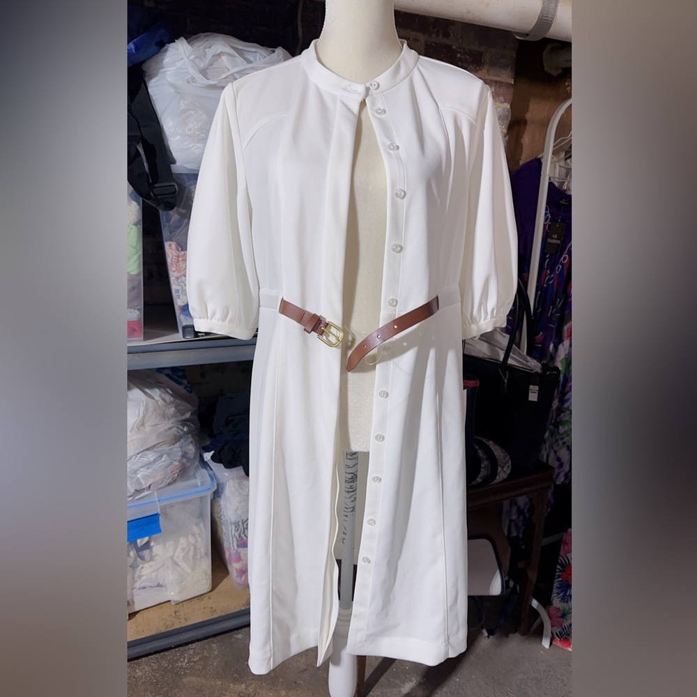 Calvin Klein hidden belt white dress long sleeve button up jacket buff cuff NWT